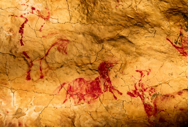 Red horses from Altamira cave Rock painting of horses in motion from Altamira cave cave painting photos stock pictures, royalty-free photos & images
