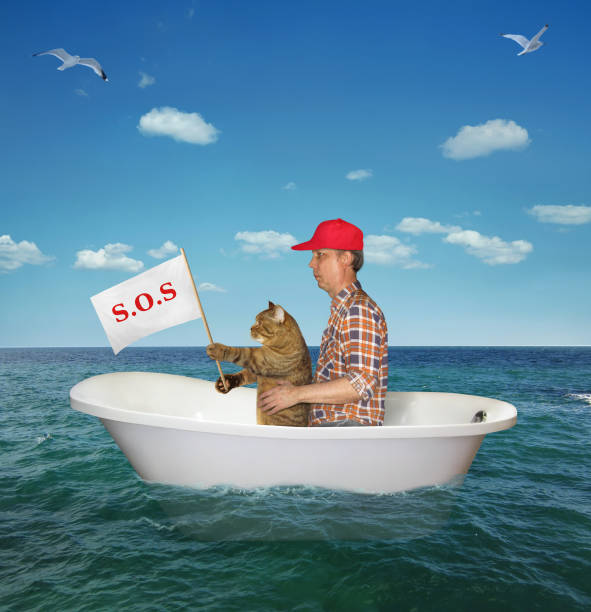 istock Man with his cat drift on the sea 1164924625