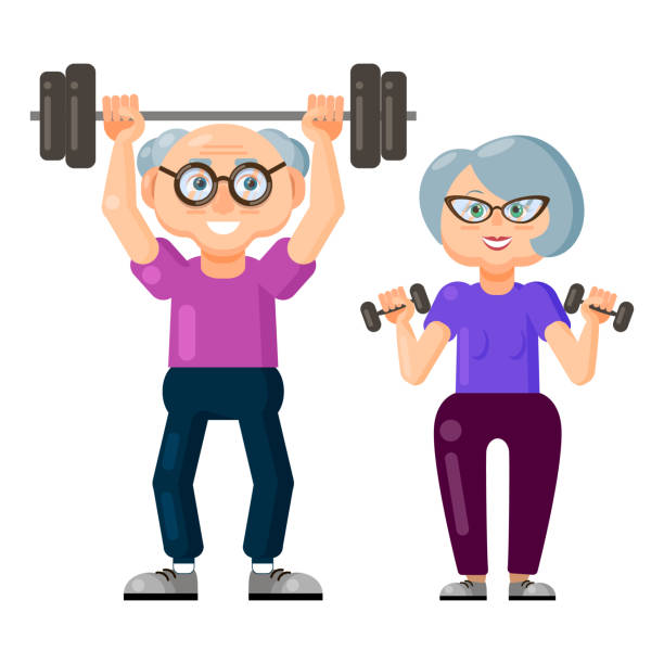 ilustraciones, imágenes clip art, dibujos animados e iconos de stock de lindo anciano y anciana haciendo ejercicios de fitness con mancuernas y barbell juntos - sport couple isolated muscular build