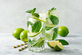 Fresh mojito cocktail with lime and mint in glass on concrete background. Cold refreshing drink.