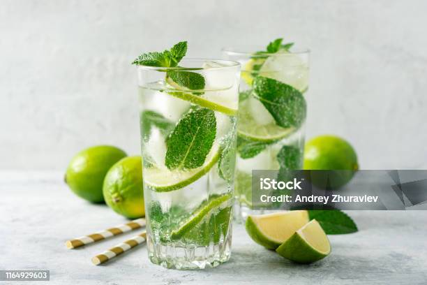 Fresh Mojito Cocktail With Lime And Mint In Glass On Concrete Background Cold Refreshing Drink Stock Photo - Download Image Now