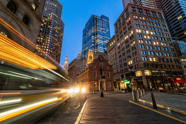 Scene of Boston Old State House buiding at twilight time in Massachusetts USA, Architecture and building with tourist concept Scene of Boston Old State House buiding at twilight time in Massachusetts USA, Architecture and building with tourist concept boston skyline night skyscraper stock pictures, royalty-free photos & images