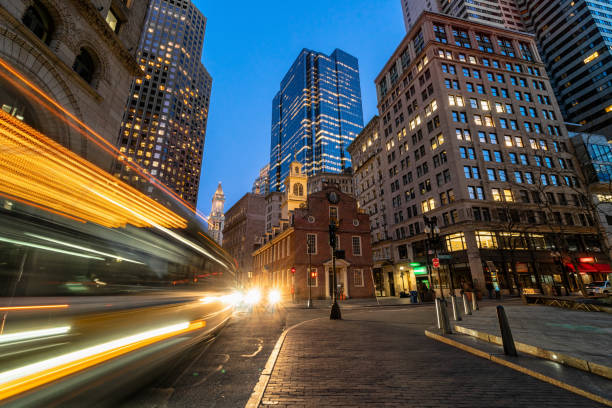 scene of boston old state house buiding at twilight time in massachusetts usa, architecture and building with tourist concept - boston skyline night city imagens e fotografias de stock