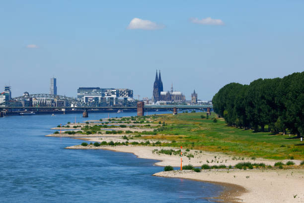 River Rhine with low water - Rheinauhafen with the crane buildings and Cologne Cathedral in the background.