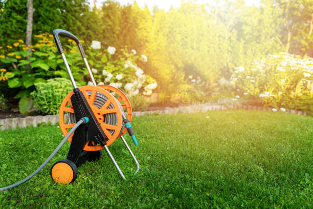 garden hose reel on green lawn in backyard copy space