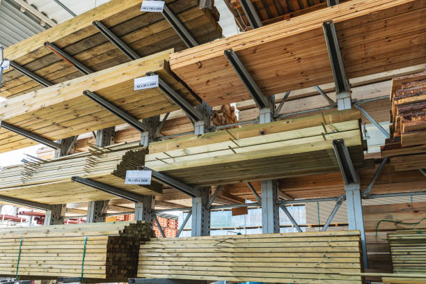 istock shelves with wooden boards at building material store 1164934070