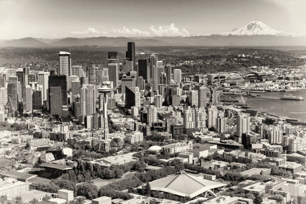 Downtown Seattle, Washington shot during a helicopter photo flight from an altitude of about 1000 feet.