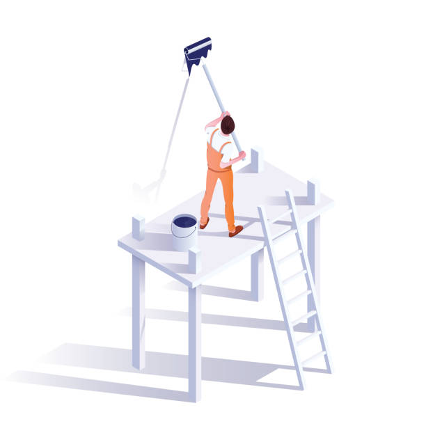 Wall painter isometric vector illustration Wall painter isometric vector illustration. Professional decorator in uniform cartoon character. Craftsman standing on scaffolding, holding paint roller. Handyman occupation, renovating service house painter stock illustrations