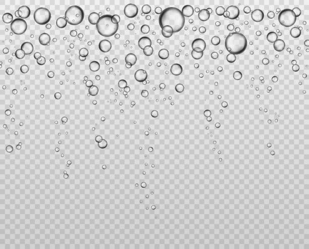 ilustrações de stock, clip art, desenhos animados e ícones de bubbles at water surface. fizzy underwater texture, soda bubble flow. bubbling champagne air sparkles close up isolated vector set - wet dew drop steam