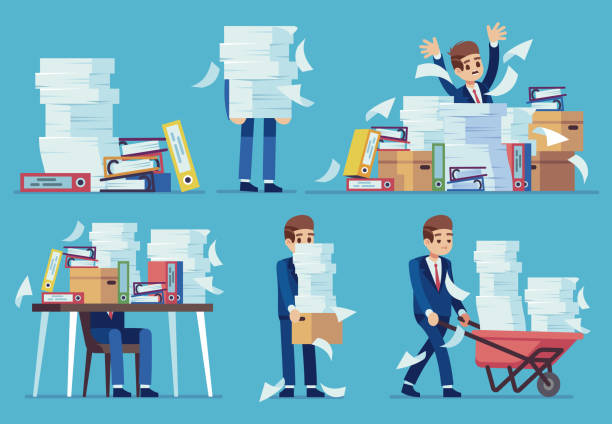 ilustrações, clipart, desenhos animados e ícones de trabalho de escritório não organizado. a contabilidade documenta pilhas, desordem nos arquivos na tabela do contabilista. conceito rotineiro do vetor do documento - stack paper document paperwork