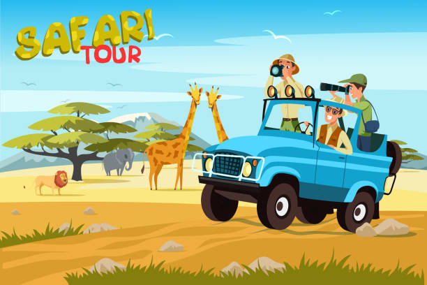 African safari flat vector banner concept African safari flat vector banner concept. Tourists in jeep taking photos cartoon characters. Tropical tourism, exotic recreation poster. Wilderness, savannah exploration illustration with lettering 4x4 photos stock illustrations