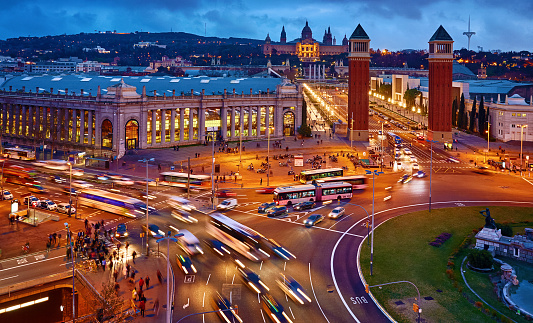 Madrid, Spain - 26th April 2022. Elevated view of the Bank of Spain building, Edificio del Banco de España (1891), and the Calle de Alcalá in central Madrid, Spain.