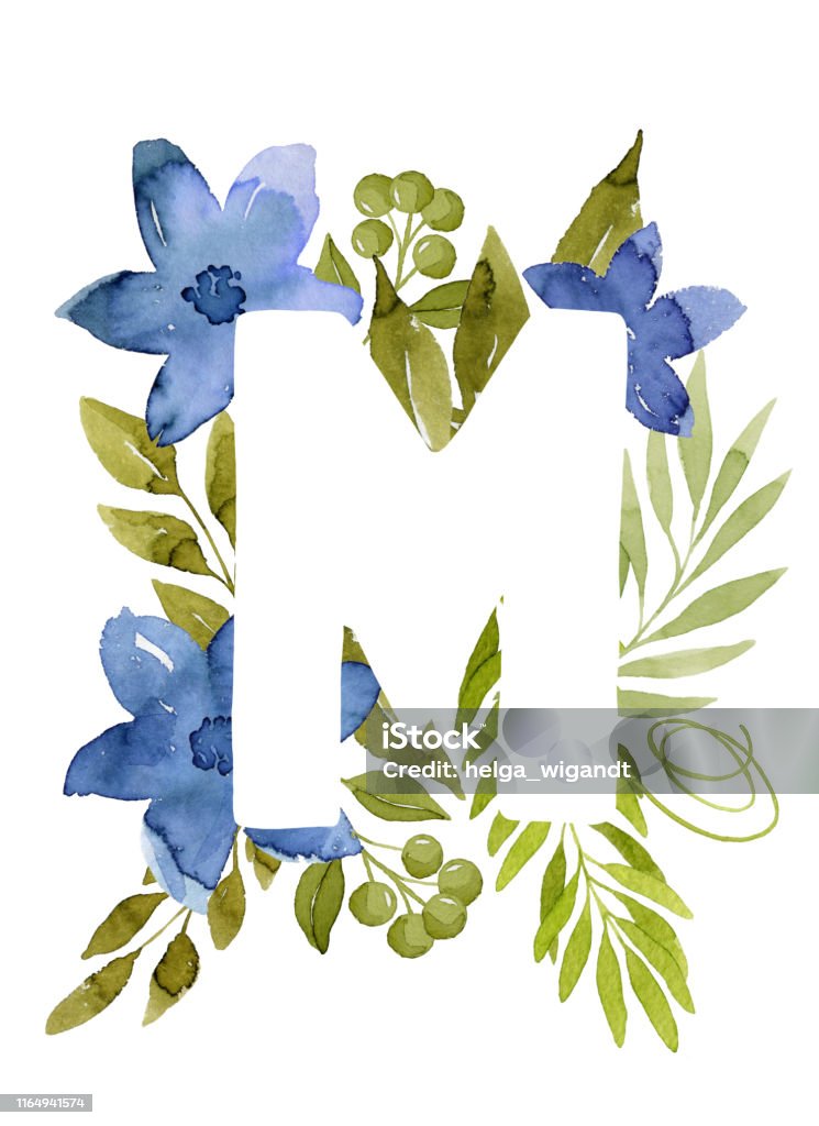 Floral Letter M Monogram Blue Watercolor Flowers And Green Leaves