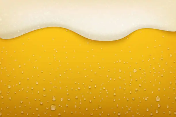 Vector illustration of Beer foam. Realistic craft beer bubbles condensate and flowing foam, beer festival and party poster background. Vector brewery flyer