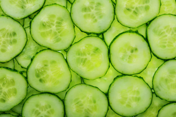 istock Slices of green fresh cucumber backlit as a textural background 1164943300