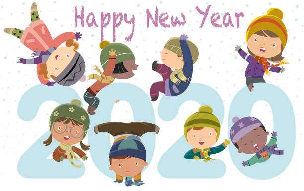 ilustraciones, imágenes clip art, dibujos animados e iconos de stock de feliz año nuevo 2020 niños divertidos - computer graphic child snowflake vector