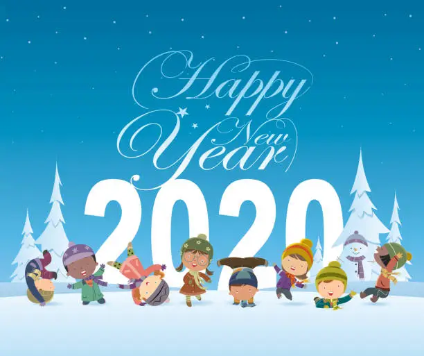 Vector illustration of happy new year and kids
