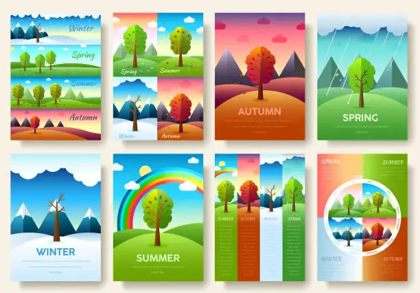 Vector illustration of 12 Months of the Year. Weather year information set. Seasons banners. Infographic concept background. Layout illustrations template pages with typography text