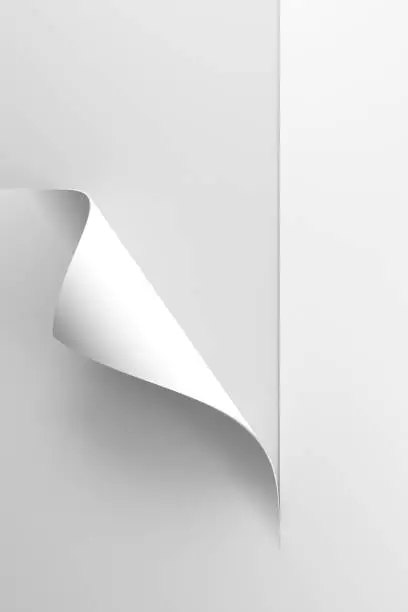 Photo of white sheet of paper with corner curl, 3d rendering