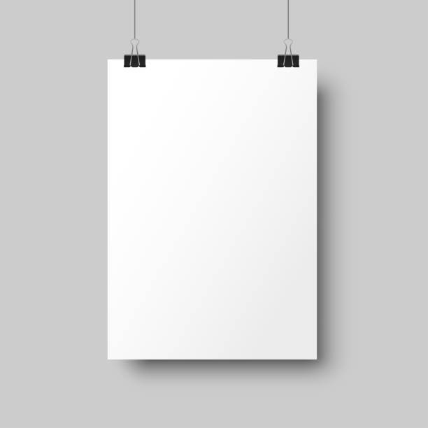 ilustrações, clipart, desenhos animados e ícones de cartazes em branco que penduram com sombras. branco que pendura o livro branco em ligantes. página de papel a4, mockup, folha na parede-vetor stock - poster window display store window