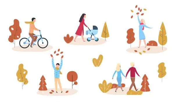 Vector illustration of People in autumn park or forest. Modern casual man and woman playing with autumn leaves. Flat vector characters