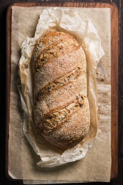 Aerial shot of a loaf of bread on baking