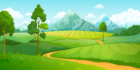 Ilustración de Paisaje De Montañas De Verano Dibujos Animados Naturaleza  Verde Colinas Escena Con Árboles De Cielo Azul Y Nubes Fondo Rural  Vectorial y más Vectores Libres de Derechos de Bosque -