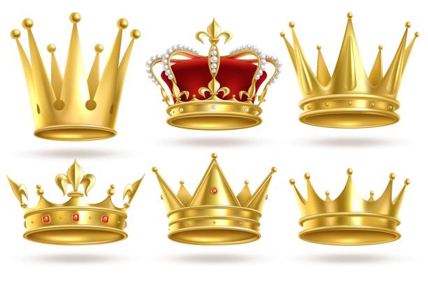 stockillustraties, clipart, cartoons en iconen met realistische gouden kronen. koning, prins en koningin gouden kroon en diadeem koninklijke heraldische decoratie. monarch 3d geïsoleerde vector tekenen - prins koninklijk persoon