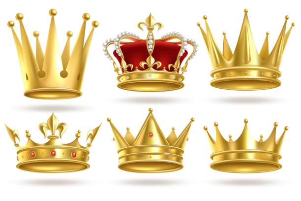 ilustrações de stock, clip art, desenhos animados e ícones de realistic golden crowns. king, prince and queen gold crown and diadem royal heraldic decoration. monarch 3d isolated vector signs - majestade