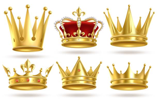 Realistic golden crowns. King, prince and queen gold crown and diadem royal heraldic decoration. Monarch 3d isolated vector signs Realistic golden crowns. King, prince and queen gold crown and diadem royal heraldic decoration. Monarch 3d isolated vector coronation royalty signs crown headwear stock illustrations