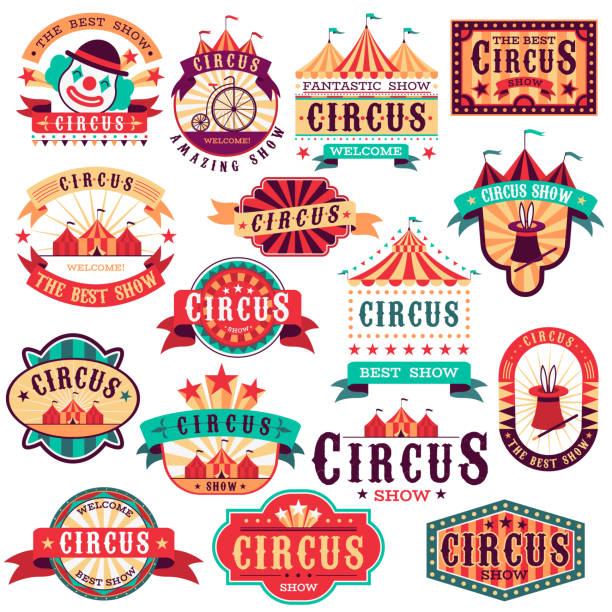 Circus labels. Vintage carnival show, circus signboard. Entertaining event festival. Paper invitation banner, arrow vector stickers Circus labels. Vintage carnival show, circus signboard. Entertaining event festival. Paper invitation banner, arrow vector entrance fun isolated stickers set school fete stock illustrations