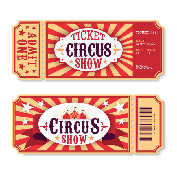 Circus tickets. Magic show entrance vintage paper ticket, festival entertaining event coupons. Birthday party card vector template Circus tickets. Magic show entrance vintage paper ticket, festival entertaining event coupons. Birthday party card vector template, top of luxurious holiday poster circus stock illustrations