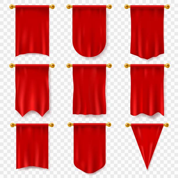 istock Red pennant. 3d realistic textile flag, heraldic blank pennant. Award advertising empty banners hanging wall vector template 1164955259
