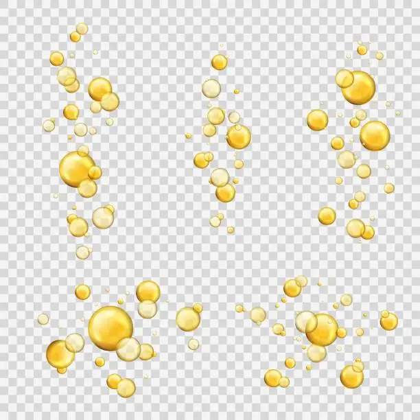 Vector illustration of Oil bubbles. Shiny oil drops, cosmetic gold pill capsules collagen serum. Oily vitamin essence droplets. Flying yellow vector balls