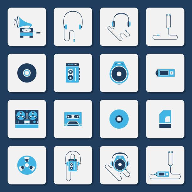 izolowane ikony odtwarzaczy muzycznych w dwóch kolorowych zestawach wektorowych - dvd player computer icon symbol icon set stock illustrations