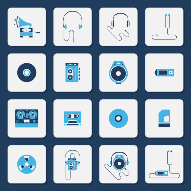 Isolated music players icons in two color shape vector set Vector collection of music players icons in simple two color shape design dvd logo stock illustrations