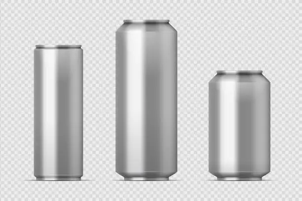 Vector illustration of Beer can mockup. Realistic aluminum metal can for soda, different types of blank can with copy space. Vector isolated set