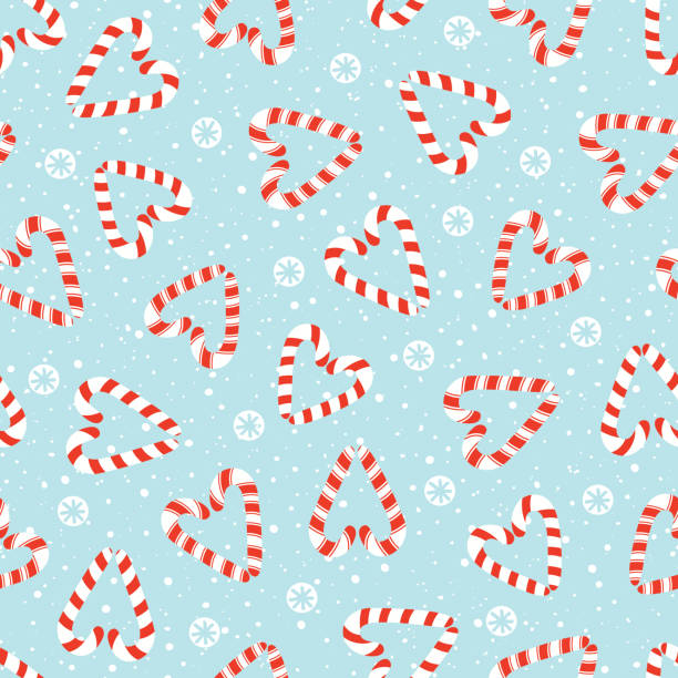 illustrazioni stock, clip art, cartoni animati e icone di tendenza di colorato disegno a mano natale natale e capodanno candy cane cuori e fiocchi di neve bianchi vettore seamless pattern - hard candy candy backgrounds multi colored