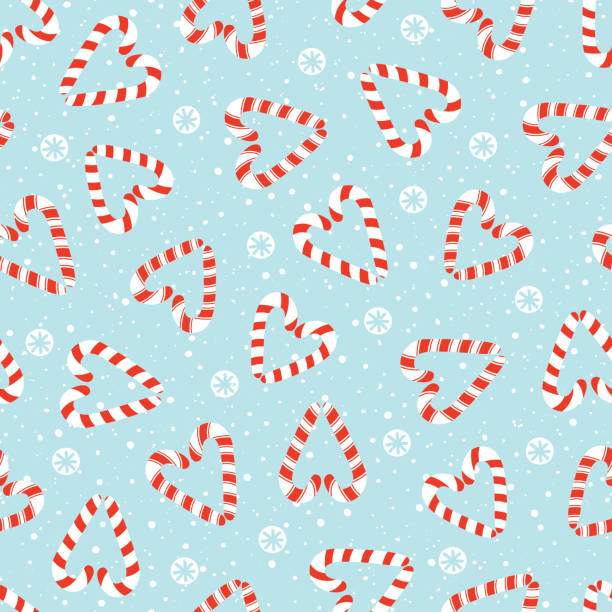 ilustrações de stock, clip art, desenhos animados e ícones de colorful hand drawn holiday christmas and new year candy cane hearts and white snowflakes vector seamless pattern - multi colored heart shape backgrounds repetition