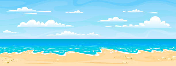 Sea beach landscape. Cartoon summer sunny day, ocean view horizontal panorama, water sand and clouds. Vector vacation background Sea beach landscape. Cartoon summer sunny day, ocean view horizontal panorama, water sand and clouds. Vector illustration beach vacation background tropical beach and clouds scene stock illustrations