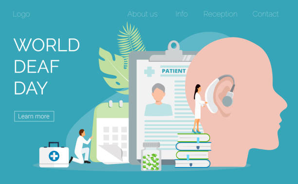 World Deaf Day in  last Sunday of September concept. Rally, seminar and various deaf awareness campaign design vector World Deaf Day in  last Sunday of September concept. Rally, seminar and various deaf awareness campaign design vector for app, landing page, website. Tiny doctors give hearing aid. human ear stock illustrations