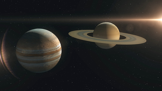 Saturn and Jupiter are exceptionally close to each other. 3D scene created and modelled in Adobe After Effects and the planet textures are taken from Solar System Scope official website (https://www.solarsystemscope.com/textures/)