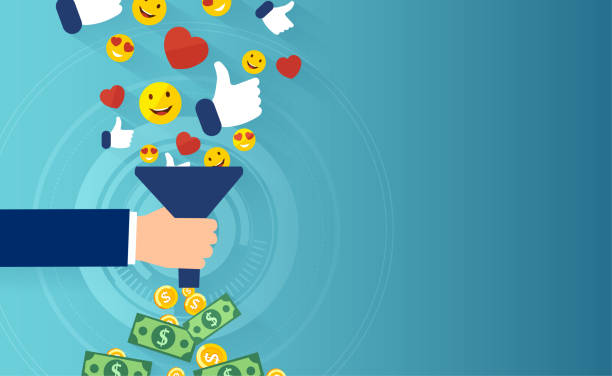 ilustraciones, imágenes clip art, dibujos animados e iconos de stock de concepto de leads calificados. vector del embudo de las redes sociales - monetize