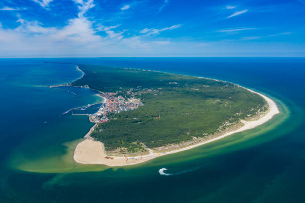 Aerial view of Hel Peninsula in Poland, Baltic Sea and Puck Bay (Zatoka Pucka) Photo made by drone from above. stock photo