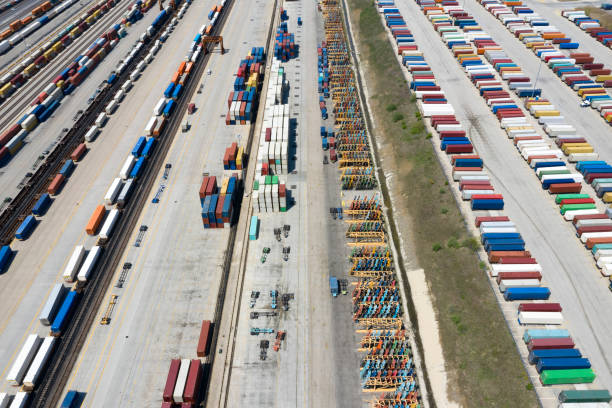 istock Cargo Containers and Freight Trains, Aerial View 1164980850