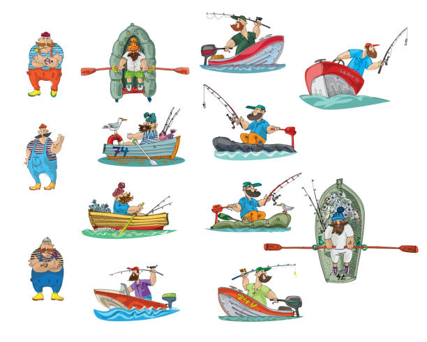A set of fishermen. A set of fishermen, sailors, boats, and stuff like that. Cartoon. Caricature. maltese silhouette stock illustrations