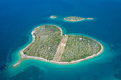 Aerial view of heart shaped island of Galesnjak in Zadar archipelago. Dalmatia region of Croatia.