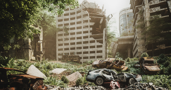 Digitally generated post apocalyptic scene depicting a desolate urban landscape with buildings in ruins, and overgrown vegetation through the city streets.

The scene was rendered with photorealistic shaders and lighting in Autodesk® 3ds Max 2020 with V-Ray Next with some post-production added.