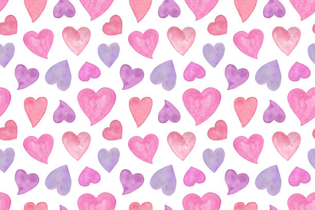 istock Pink and violet watercolor hand drawn hearts seamless pattern, isolated objects of different sizes on the white background, simple ornament for holiday design 1164983339