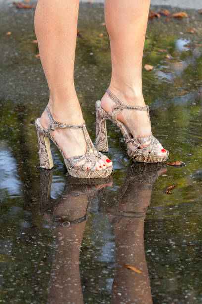 istock Women's feet and their reflection in the puddle 1164985202